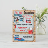 魚釣り素朴バースデーパーティートツインズ招待状 招待状 (スタンド正面)