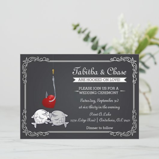 魚釣り結婚式招待状キスをする – 魚 招待状 (スタンド正面)