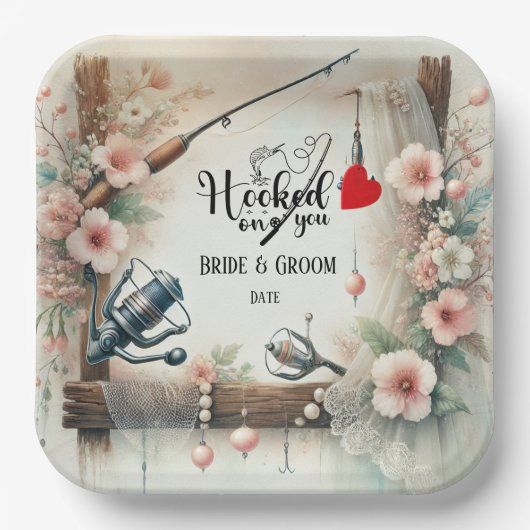 魚釣り結婚愛好家のロッドと花 ペーパープレート (正面)