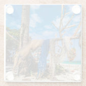 魚釣り網がビーチ上で乾燥 ガラスコースター (裏面)