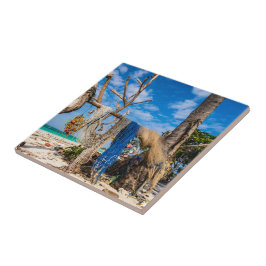 魚釣り網がビーチ上で乾燥 タイル