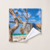 魚釣り網がビーチ上で乾燥 バスタオルセット (ウォッシュタオル)