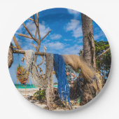 魚釣り網がビーチ上で乾燥 ペーパープレート (正面)