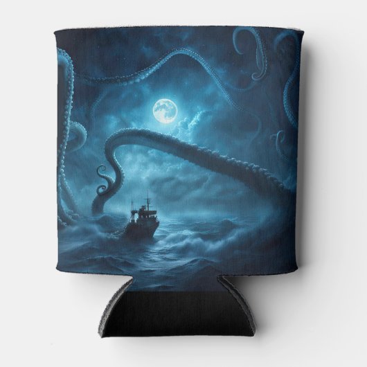 魚釣り航海のボートと巨大タコ・クラーケン 缶クーラー (正面)