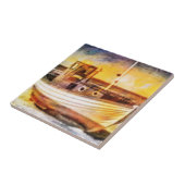 魚釣り航海のボートオンビーチアットサンセット海アート タイル (側面)