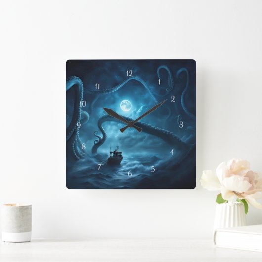 魚釣り航海の船海と巨大タコ スクエア壁時計 (ホーム)