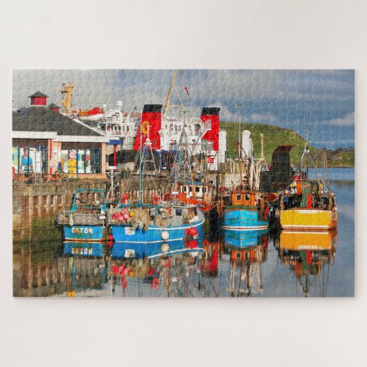 魚釣り船とフェリー、大番、スコットランド ジグソーパズル (横)