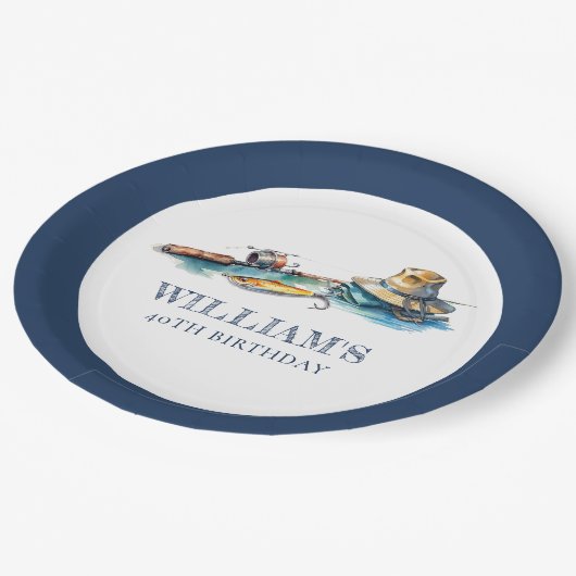 魚釣り誕生日パーソナライズされた水彩 ペーパープレート (アングル)