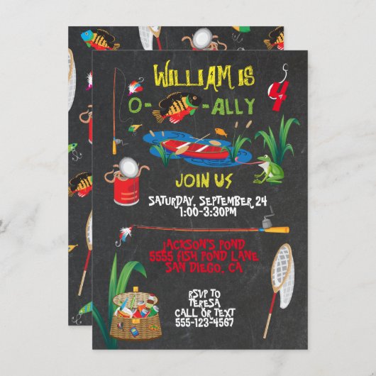 魚釣り誕生日パーティーへの招待 招待状 (正面/裏面)