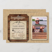 魚釣り誕生日パーティーウッドフィッシュロッドフォト招待状 招待状 (正面/裏面)