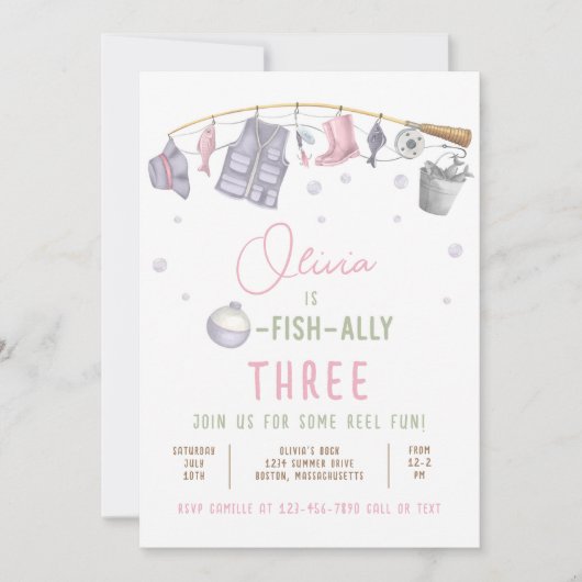 魚釣り誕生日パーティーガールO – フィッシュアリーパーティー 招待状 (正面)