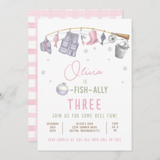 魚釣り誕生日パーティーガールO – フィッシュアリーパーティー 招待状 (正面/裏面)
