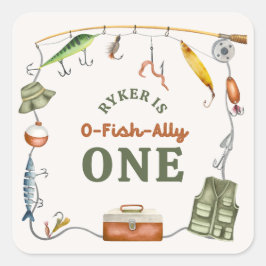 魚釣り誕生日パーティーステッカー スクエアシール