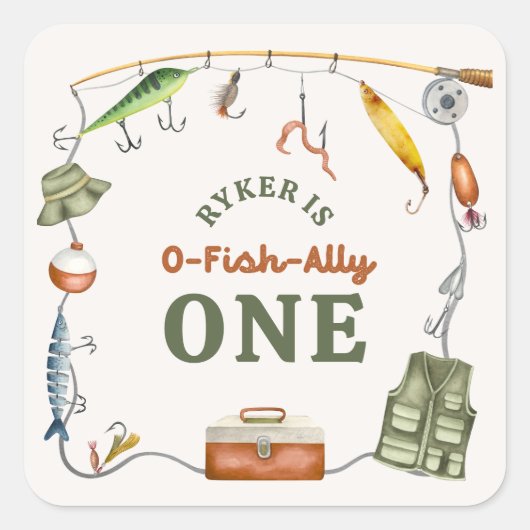 魚釣り誕生日パーティーステッカー スクエアシール (正面)