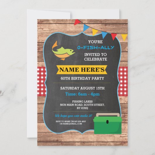魚釣り誕生日パーティー素朴ウッドフィッシュレッド招待状 招待状 (正面)