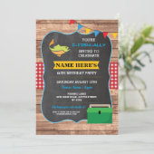 魚釣り誕生日パーティー素朴ウッドフィッシュレッド招待状 招待状 (スタンド正面)