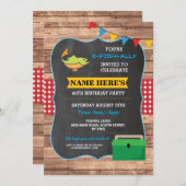 魚釣り誕生日パーティー素朴ウッドフィッシュレッド招待状 招待状 (正面/裏面)