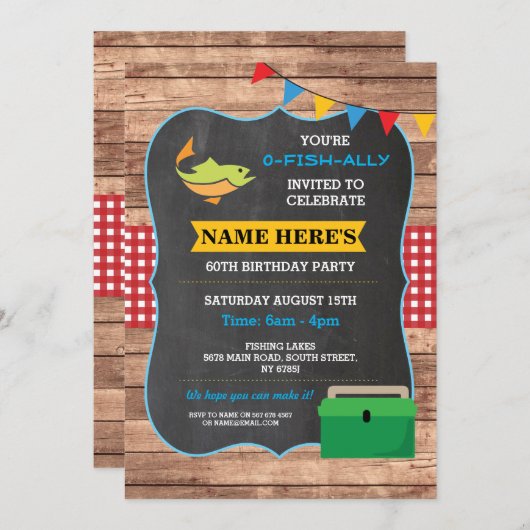 魚釣り誕生日パーティー素朴ウッドフィッシュレッド招待状 招待状 (正面/裏面)