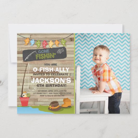 魚釣り誕生日招待状ウッド魚釣りパーティー 招待状 (正面)