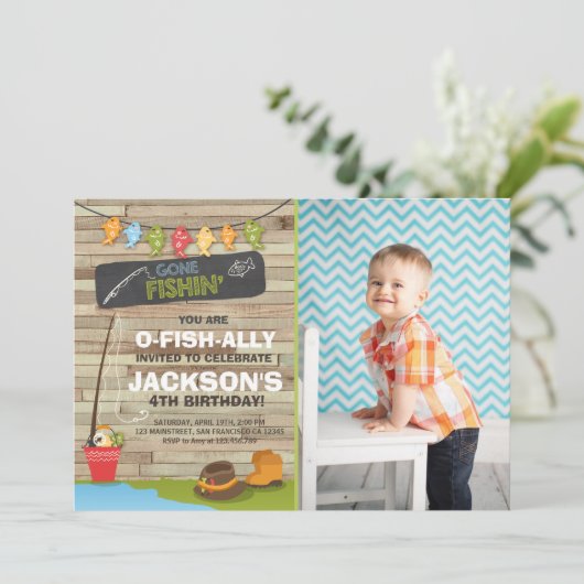 魚釣り誕生日招待状ウッド魚釣りパーティー 招待状 (スタンド正面)