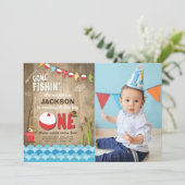 魚釣り誕生日招待状ウッド魚釣りパーティー 招待状 (スタンド正面)