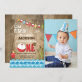 魚釣り誕生日招待状ウッド魚釣りパーティー 招待状 (正面/裏面)