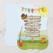 魚釣り誕生日招待状ウッド魚釣りパーティー 招待状 (正面/裏面)