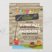 魚釣り誕生日招待状ウッド魚釣りパーティー 招待状 (正面/裏面)