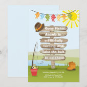 魚釣り誕生日招待状ウッド魚釣りパーティー 招待状 (正面/裏面)