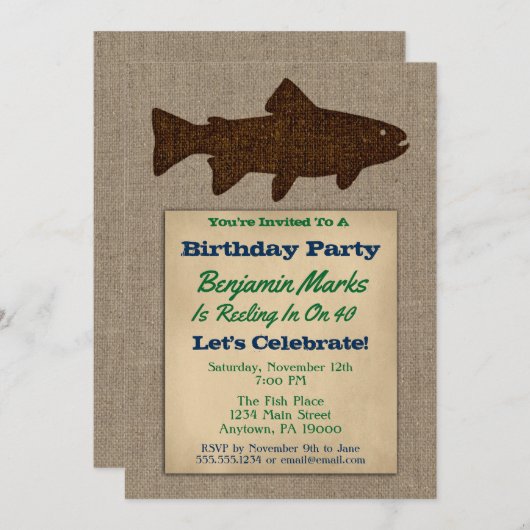 魚釣り誕生日招待状素朴大人メンズフィッシュ 招待状 (正面/裏面)