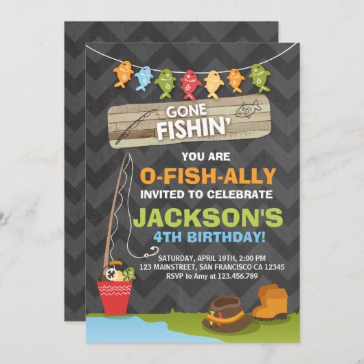 魚釣り誕生日招待状魚釣りパーティーボーイ 招待状 (正面/裏面)