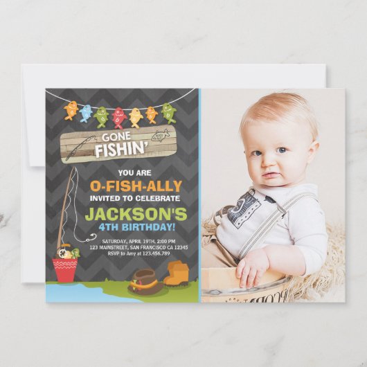 魚釣り誕生日招待状魚釣りパーティーボーイ 招待状 (正面)