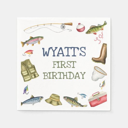 魚釣り誕生日O-fish-ally One Napkins スタンダードカクテルナプキン (正面)