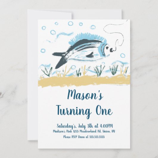 魚釣り餌パーティー旋回一魚海誕生日 招待状 (正面)