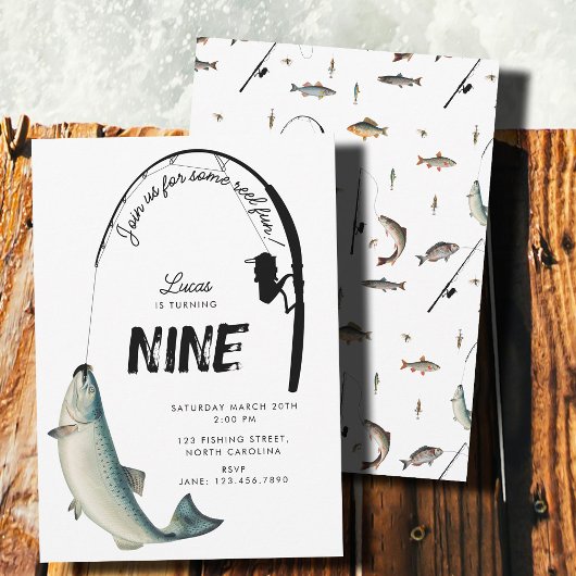 魚釣り魚類テーマリールおもしろい子供の誕生日パーティー 招待状