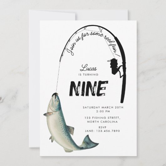 魚釣り魚類テーマリールおもしろい子供の誕生日パーティー 招待状 (正面)