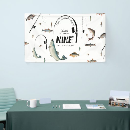 魚釣り魚類テーマリールおもしろい子供の誕生日パーティー 横断幕 (トレードショー)