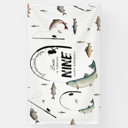 魚釣り魚類テーマリールおもしろい子供の誕生日パーティー 横断幕 (縦)