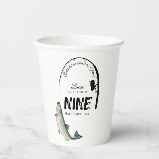魚釣り魚類テーマリールおもしろい子供の誕生日パーティー 紙コップ (正面)