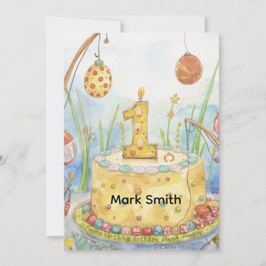 魚釣り1回目の誕生日と魚釣り愛好家のためのケーキ カード (正面)