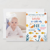 魚釣り1歳の誕生日ボーイO-fish-allyフォト写真 招待状 (正面)