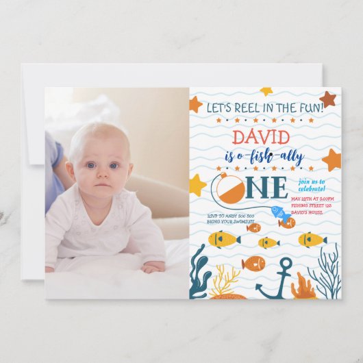 魚釣り1歳の誕生日ボーイO-fish-allyフォト写真 招待状 (正面)