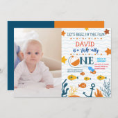 魚釣り1歳の誕生日ボーイO-fish-allyフォト写真 招待状 (正面/裏面)