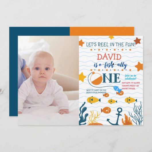 魚釣り1歳の誕生日ボーイO-fish-allyフォト写真 招待状 (正面/裏面)