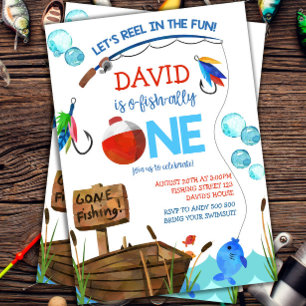 魚釣り1歳の誕生日ボーイO-fish-ally 招待状
