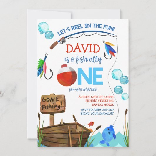 魚釣り1歳の誕生日ボーイO-fish-ally 招待状 (正面)