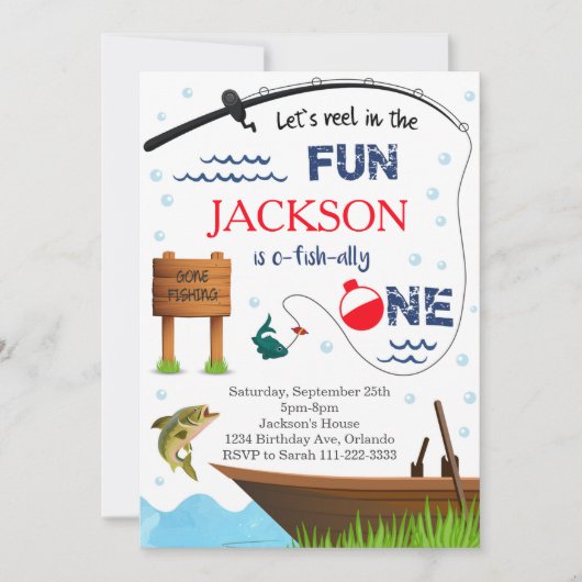 魚釣り1歳の誕生日O-Fish-Ally One招待状 招待状 (正面)