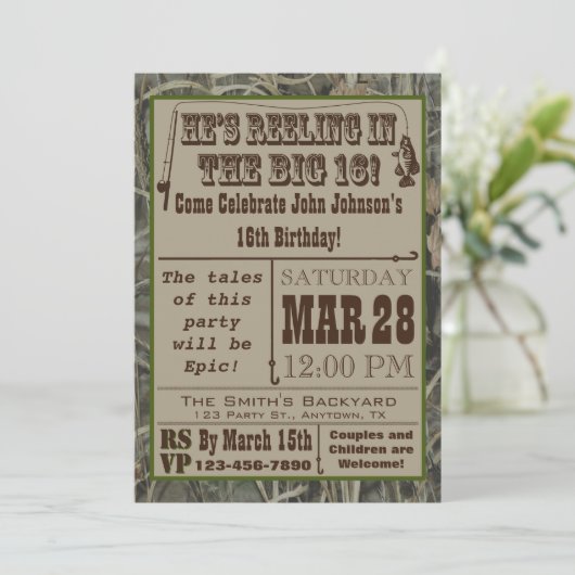 魚釣り16番目の誕生日招待状と迷彩柄 招待状 (スタンド正面)