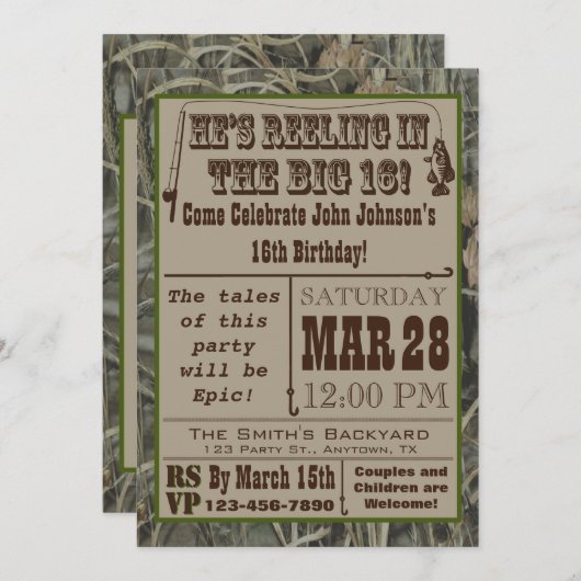 魚釣り16番目の誕生日招待状と迷彩柄 招待状 (正面/裏面)