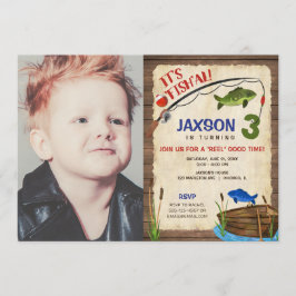 魚釣り3歳の男の子ラスティックアウトドア写真 招待状